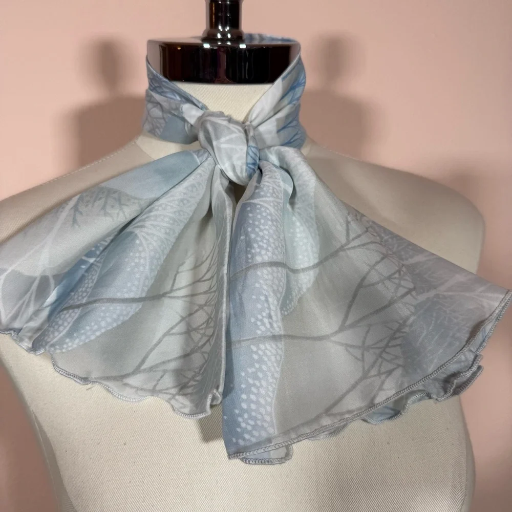 Vintage 1970’s winter tree snow Blue white polka dots Mod cravat Bow neck Scarf